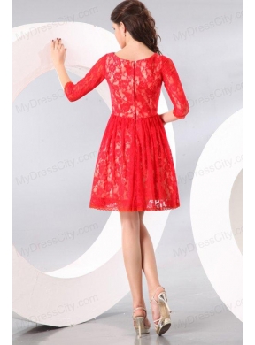 Bateau Lace Fabric Over Skirt Mini-length Prom Dress with Half Sleeves