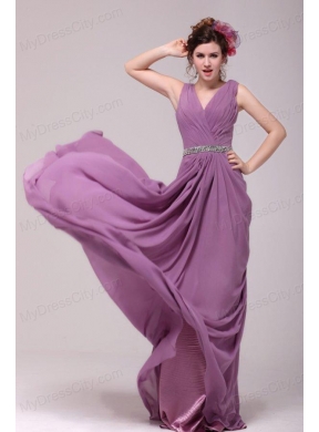 Beaded Decorate Waist V-neck Chiffon Lilac Prom Dress for Girls