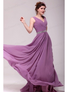 Beaded Decorate Waist V-neck Chiffon Lilac Prom Dress for Girls