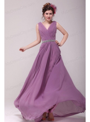 Beaded Decorate Waist V-neck Chiffon Lilac Prom Dress for Girls