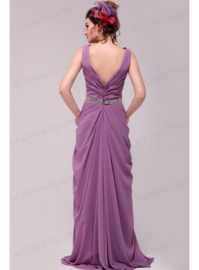 Beaded Decorate Waist V-neck Chiffon Lilac Prom Dress for Girls