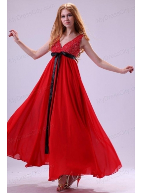 Beading Ankle-length V-neck Chiffon 2014 Prom Dress in Red