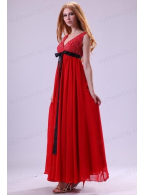 Beading Ankle-length V-neck Chiffon 2014 Prom Dress in Red