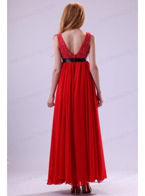 Beading Ankle-length V-neck Chiffon 2014 Prom Dress in Red