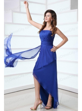 Blue Column One Shoulder Ruching High-low Chiffon Prom Dress