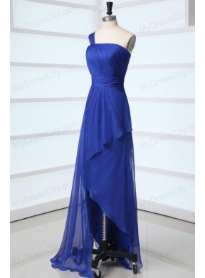 Blue Column One Shoulder Ruching High-low Chiffon Prom Dress