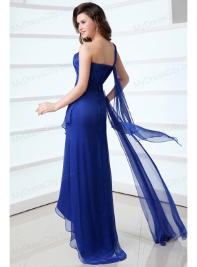 Blue Column One Shoulder Ruching High-low Chiffon Prom Dress