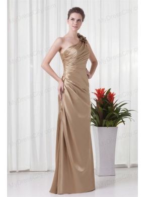 Champagne Column One Shoulder Taffeta Hand Made Flowers Prom Dress