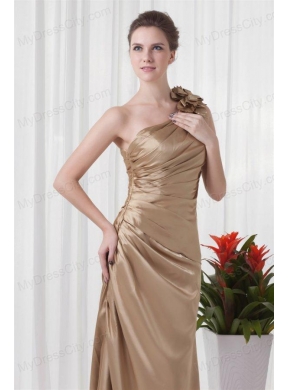 Champagne Column One Shoulder Taffeta Hand Made Flowers Prom Dress