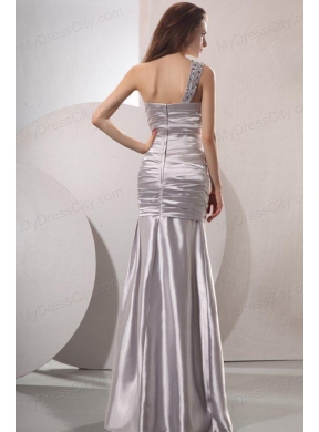 Column Beaded Decorate One Shoulder Long Prom Dress in Gray