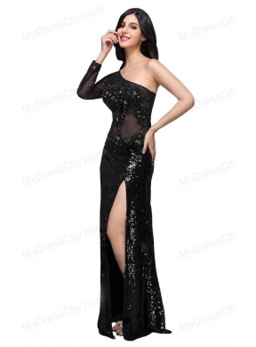 Column Black One Shoulder Long Sleeves Sequins High Slit Prom Dress