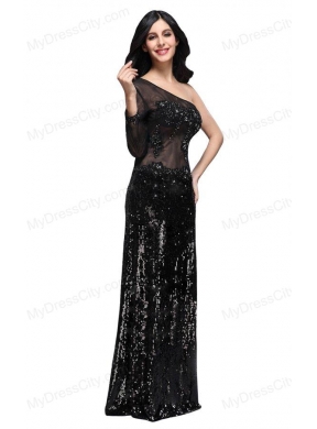 Column Black One Shoulder Long Sleeves Sequins High Slit Prom Dress