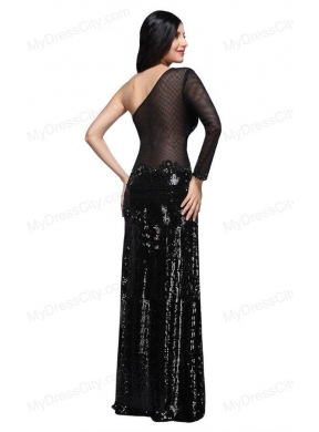 Column Black One Shoulder Long Sleeves Sequins High Slit Prom Dress