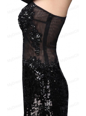 Column Black One Shoulder Long Sleeves Sequins High Slit Prom Dress