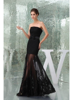 Column Black Strapless Appliques Tulle Formal Evening Prom Dress