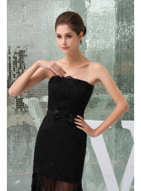 Column Black Strapless Appliques Tulle Formal Evening Prom Dress