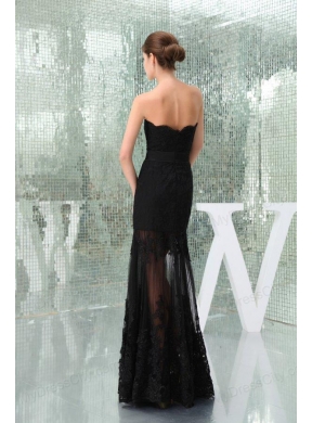 Column Black Strapless Appliques Tulle Formal Evening Prom Dress