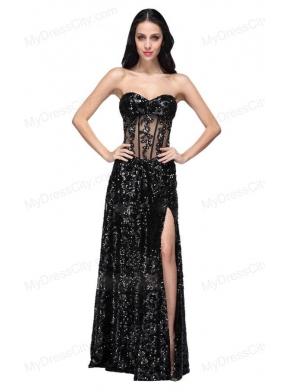 Column Black Sweetheart Long Sleeves Sequins High Slit Prom Dress