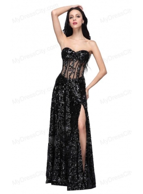 Column Black Sweetheart Long Sleeves Sequins High Slit Prom Dress