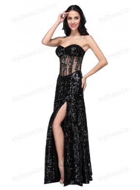 Column Black Sweetheart Long Sleeves Sequins High Slit Prom Dress