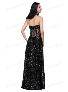 Column Black Sweetheart Long Sleeves Sequins High Slit Prom Dress