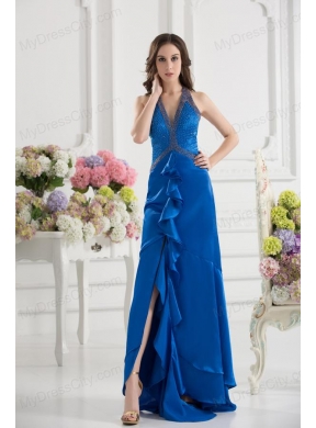 Column Blue Empire Halter Top Prom Dress with  Beading and High Slit