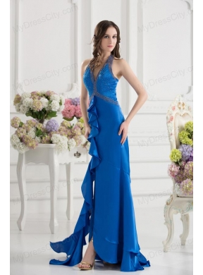 Column Blue Empire Halter Top Prom Dress with  Beading and High Slit