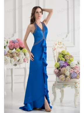 Column Blue Empire Halter Top Prom Dress with  Beading and High Slit