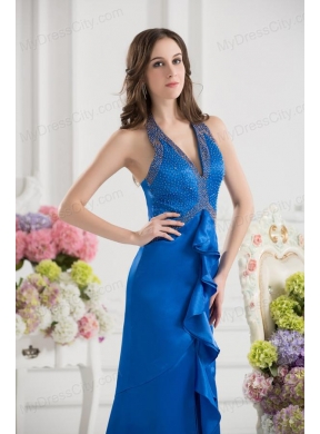 Column Blue Empire Halter Top Prom Dress with  Beading and High Slit