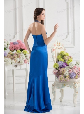 Column Blue Empire Halter Top Prom Dress with  Beading and High Slit