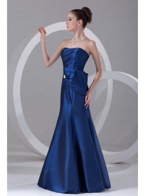 Column Blue Strapless Floor-length Taffeta Ruching Prom Dress