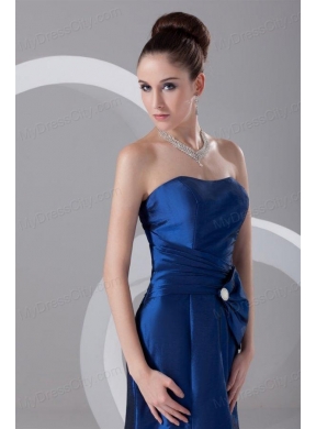 Column Blue Strapless Floor-length Taffeta Ruching Prom Dress