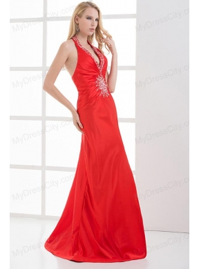 Column Halter Top Floor-length Beading Chiffon Red Prom Dress