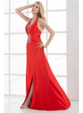 Column Halter Top Floor-length Beading Chiffon Red Prom Dress