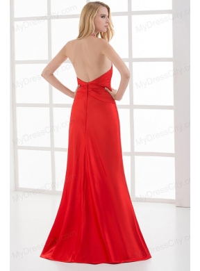 Column Halter Top Floor-length Beading Chiffon Red Prom Dress