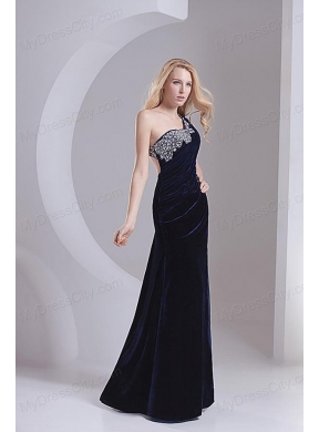 Column Navy Blue One Shoulder Appliques Sleeveless Prom Dress