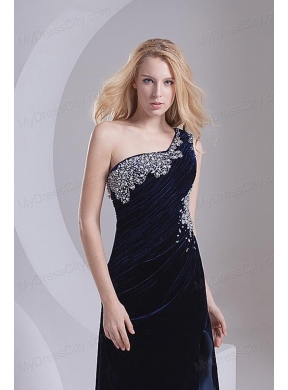 Column Navy Blue One Shoulder Appliques Sleeveless Prom Dress