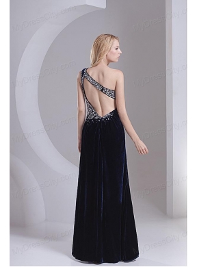 Column Navy Blue One Shoulder Appliques Sleeveless Prom Dress