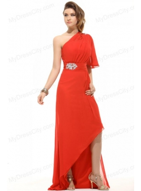 Column One Shoulder Beading High-low Chiffon Prom Dress with Side Zipper