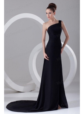 Column One Shoulder Black Ruching Prom Dress with Brush Train