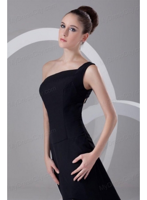 Column One Shoulder Black Ruching Prom Dress with Brush Train