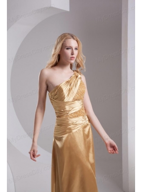 Column One Shoulder High Slit Beading Ruching Taffeta Prom Dress in Gold