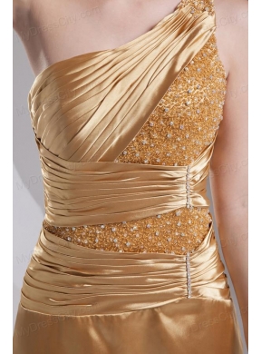 Column One Shoulder High Slit Beading Ruching Taffeta Prom Dress in Gold