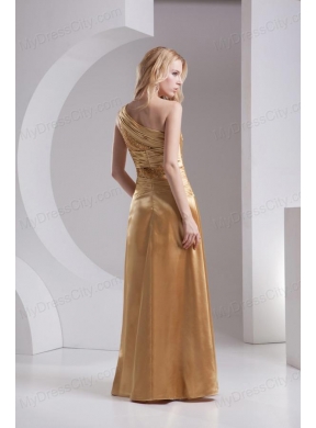 Column One Shoulder High Slit Beading Ruching Taffeta Prom Dress in Gold