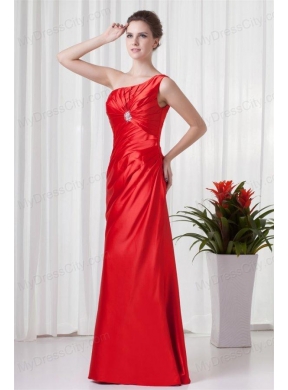 Column One Shoulder Red Taffeta Ruching Floor-length Prom Dress