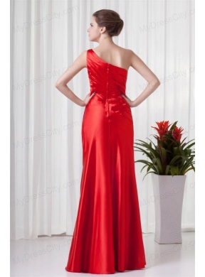 Column One Shoulder Red Taffeta Ruching Floor-length Prom Dress