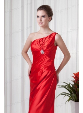 Column One Shoulder Red Taffeta Ruching Floor-length Prom Dress