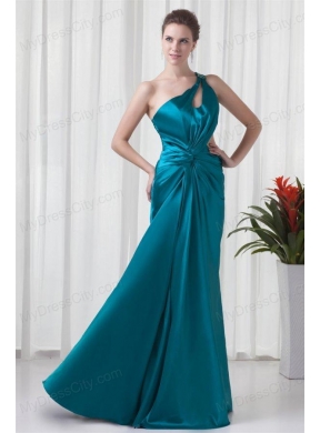 Column One Shoulder Teal Ruching Elastic Woven Satin Prom Dress with Criss Cross