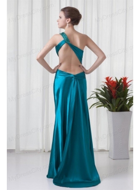 Column One Shoulder Teal Ruching Elastic Woven Satin Prom Dress with Criss Cross