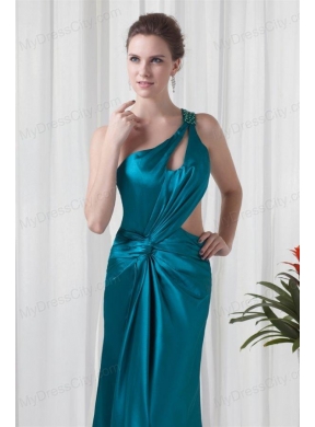 Column One Shoulder Teal Ruching Elastic Woven Satin Prom Dress with Criss Cross